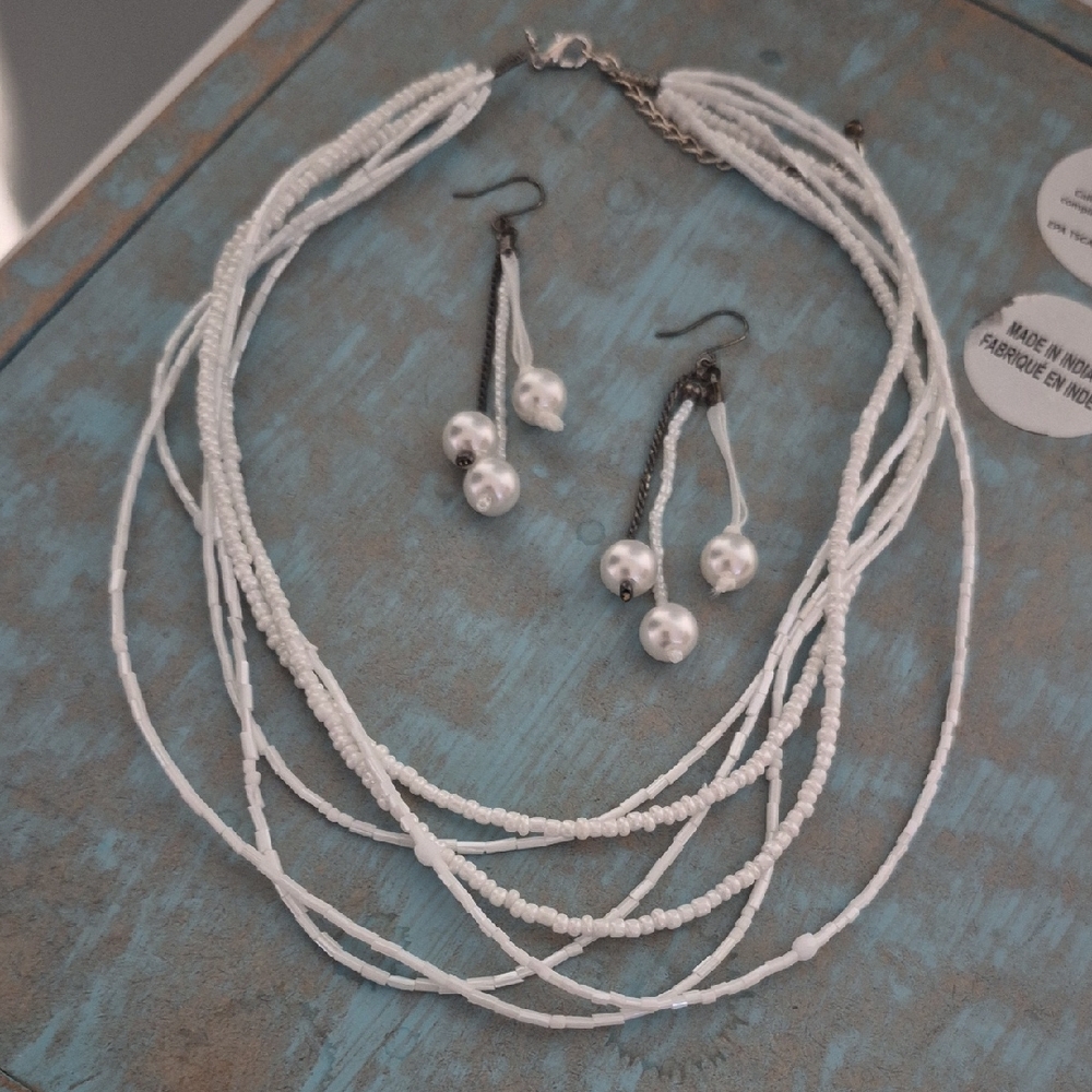 Elegant White Beaded Necklace and Earring Set